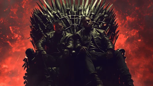 Dual monarchs on spiked iron throne amid fiery void.