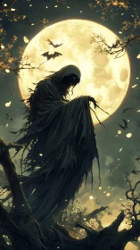 Shadowy moonlit wanderer beneath a glowing full moon.