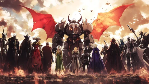 Epic anime war council under burning crimson wings.