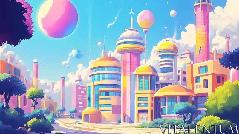 Futuristic pastel cityscape with domed towers and spheres.