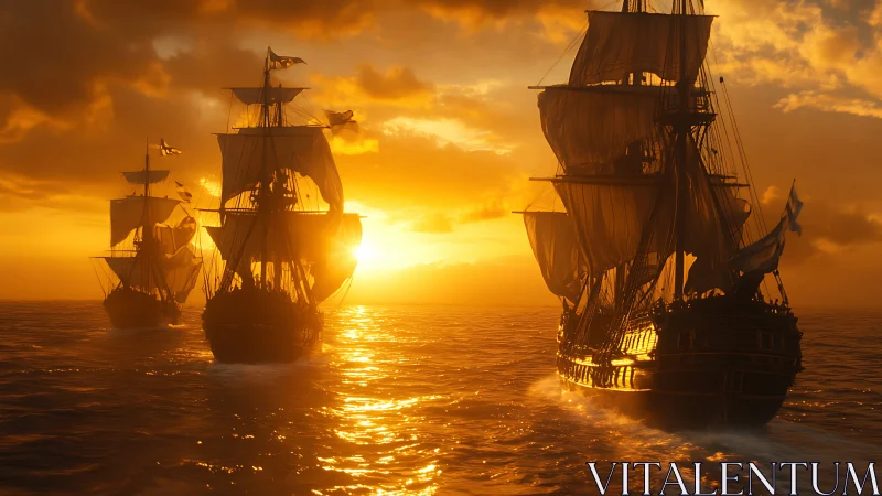 Sun-drenched galleons chase molten horizons across calm seas