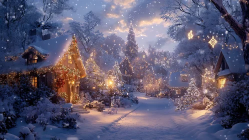 Snowlit Christmas village lane under warm golden lights.