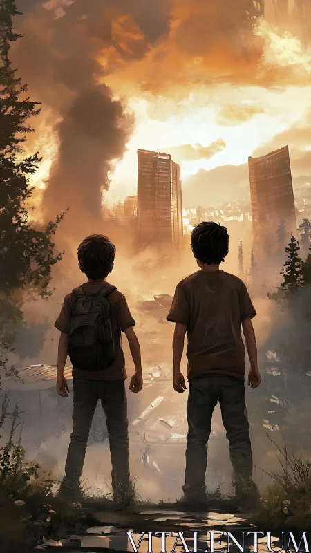 Two quiet rebels study a ruined skyline glowing with fire