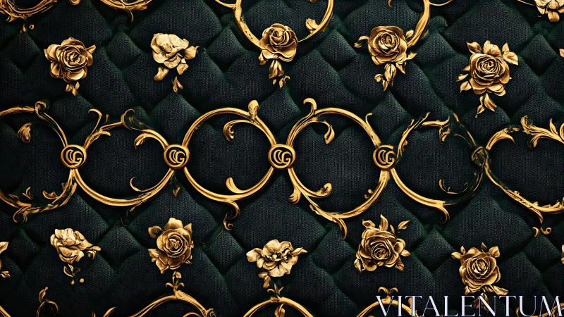 Gold floral scrollwork on dark quilted textile surface.