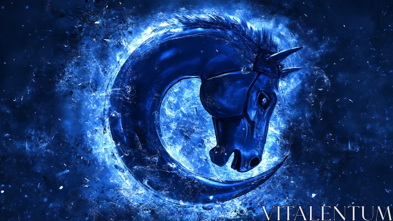 Luminous blue warhorse emblem arcs through fracturing nebula