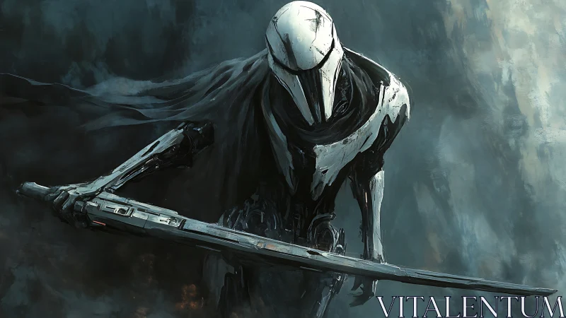 Armored humanoid figure holds elongated weapon in mist