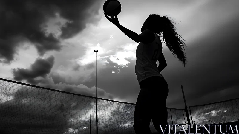 Evening volleyball serve poised against dramatic storm clouds.