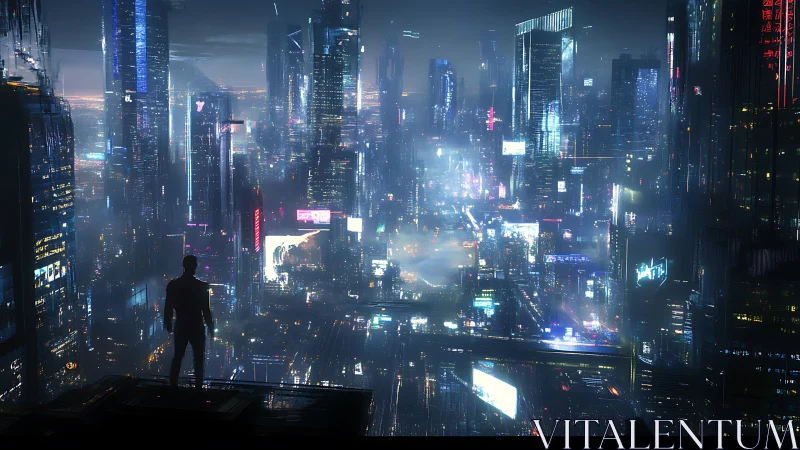 Solitary silhouette weighs neon futures above the storming city