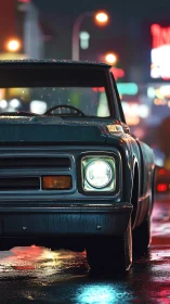 Photoreal rainy-night pickup study with neon reflections.