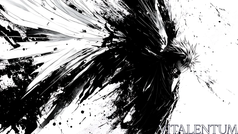 Monochrome kinetic burst around solitary anime combatant.