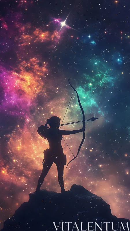 Silhouetted archer against nebula sky in cosmic digital painting.