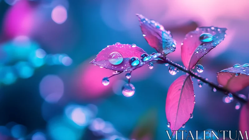 Neon dew-kissed leaves shimmer in dreamy twilight haze.