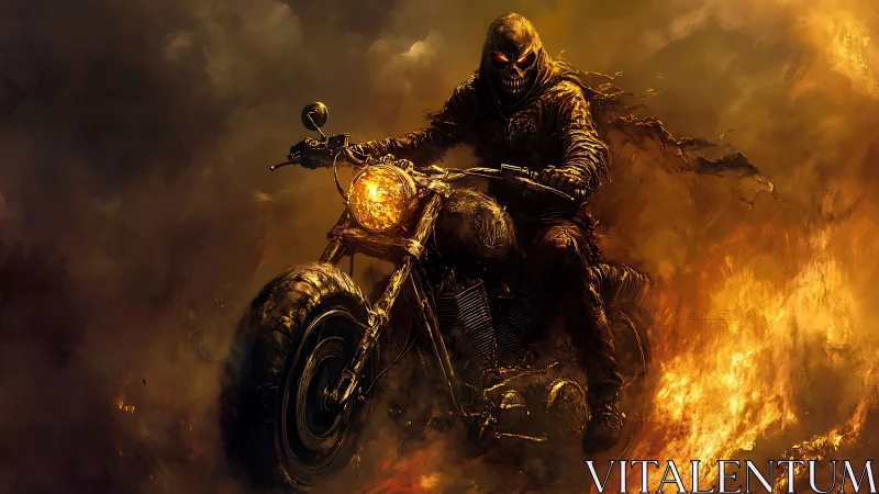 Infernal skeletal biker on flaming chopper in smoke vortex
