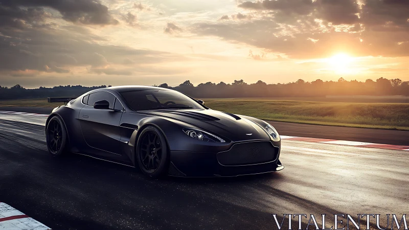 Matte black grand tourer on wet racetrack at golden sunset