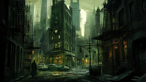 Digital painting of neo-noir city alley with central clock tower.