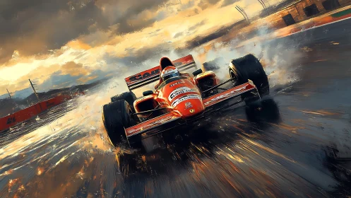 Stormlit Formula racer slashes through blazing wet asphalt.