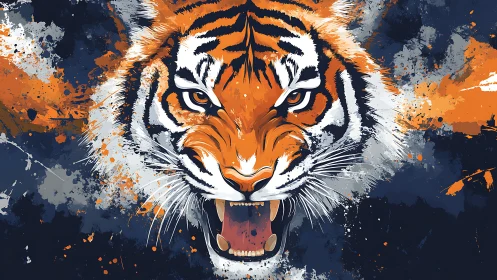 Roaring paintstorm tiger claws through splattered midnight sky