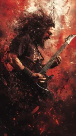 High-gain guitarist in fracturing red particle eruption.