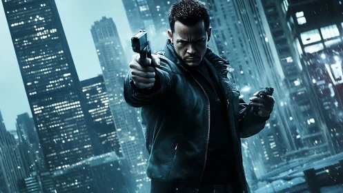 Armed man in dark jacket in rainy nighttime cityscape.