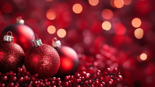 Red Christmas ornaments on berries with soft bokeh background.