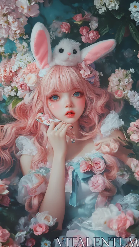 Pink-haired doll-like figure with rabbit ears among flowers.