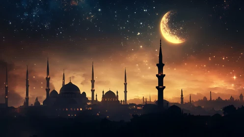 Mosque skyline under crescent moon at glowing twilight.