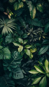 High-contrast tropical foliage canopy with layered leaf geometry