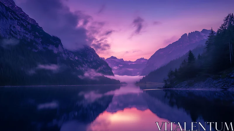 Gentle twilight settles over a still, mirrorlike mountain lake