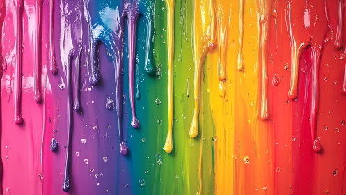 Vertical drips of multicolored glossy paint on surface.