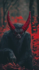 Horned humanoid creature in red forest environment.