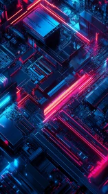 Neon-lit isometric motherboard architecture renders digital circuitry