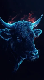 Neon-lit bull portrait isolates luminescent contours in darkness