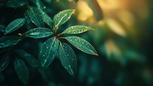 Green leaves with raindrops under soft golden light.