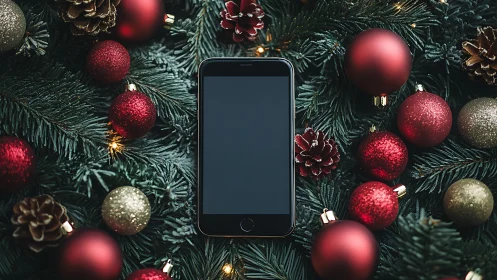 Silent smartphone nestled in glittering Christmas pine shimmer.