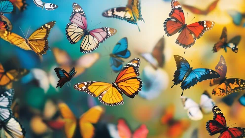 Colorful butterflies drift gently through warm golden light