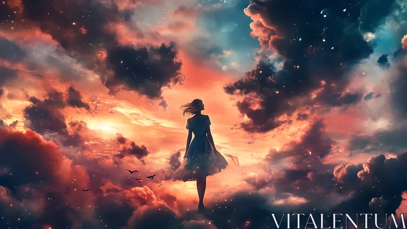 Girl silhouette floats amid luminous cosmic sunset clouds.