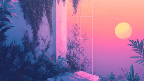 Indoor plants frame vivid pink sunset through tall window