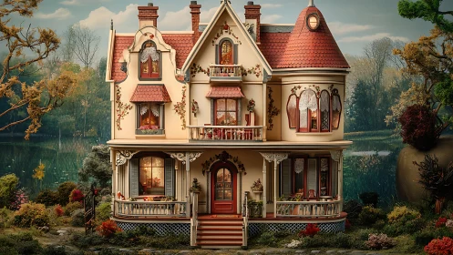 Cozy lakeside Victorian dollhouse glowing with tiny warmth.