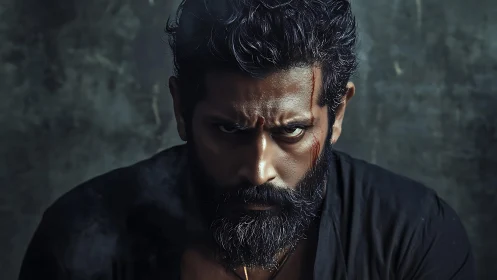 Intense bearded man stares forward with bloodied face