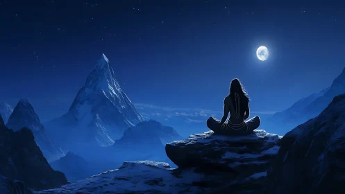 Moonlit mountain meditation over silent snowy peaks.