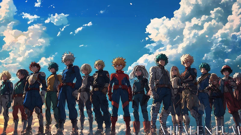 Determined young heroes standing tall beneath vivid skies.