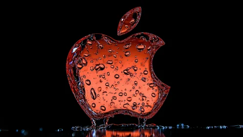 Red liquid Apple logo silhouette with reflective droplets.