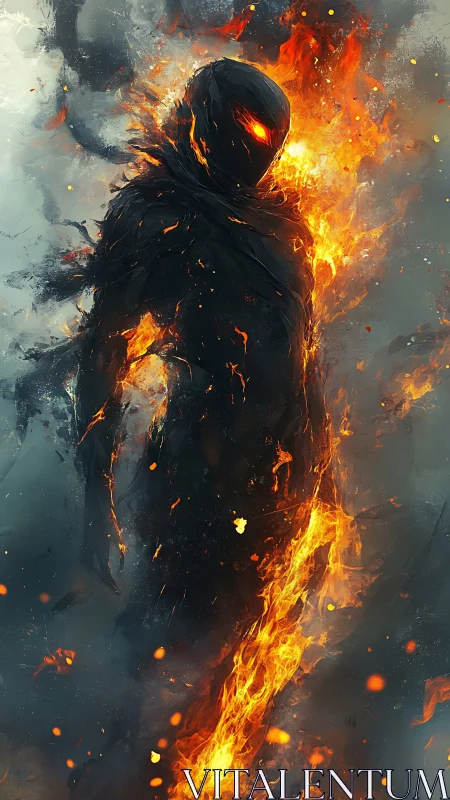 Emberborn wraith strides through smoke-wreathed inferno dusk.