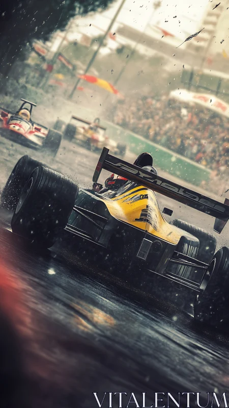 Rain-soaked formula racers carving sparks through the storm.