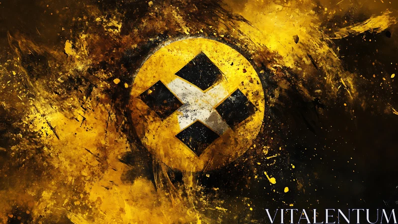 Yellow abstract emblem with diagonal cross in grunge field.