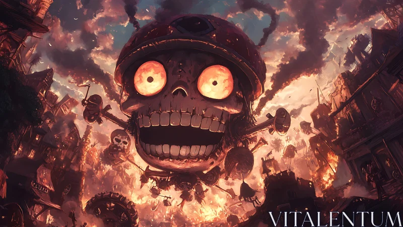 Gigantic flaming skull airship devastates burning steampunk city