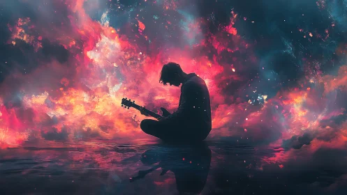 Silhouette guitarist seated in vivid cosmic sky reflection.