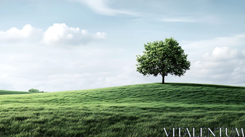 Sunlit lone tree resting gently on rolling green hill.