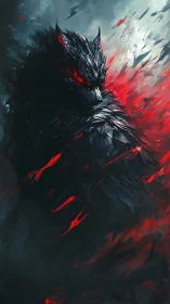 Dark lupine figure rendered in red and teal digital strokes