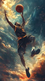 Basketball player soars through stormlit sky in mid dunk